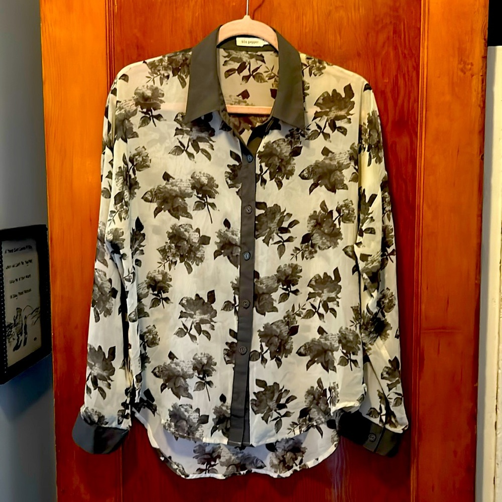 Sheer Long Sleeved Button Down Print top